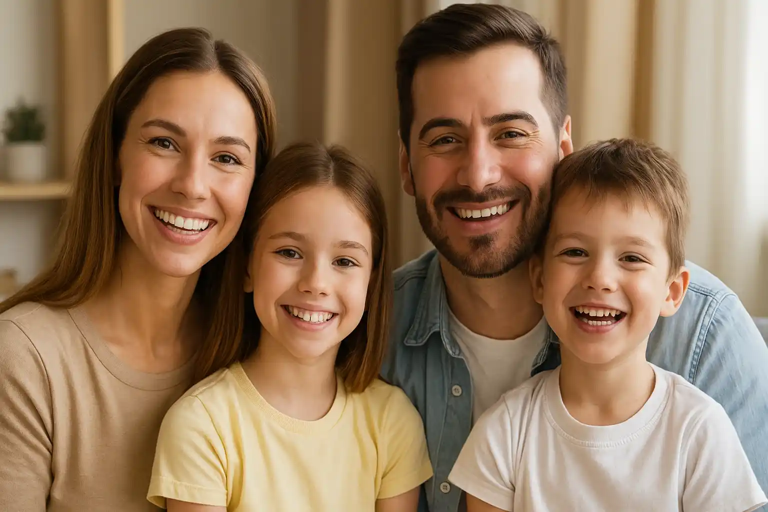 Smiling parents and child together in a cozy room